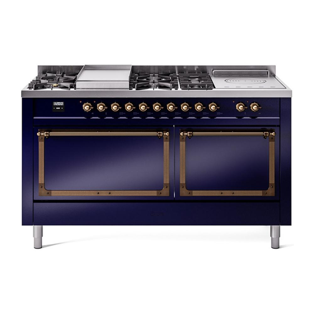 Ilve UN60FSQNMPMBB Ilve Un60Fsqnmpmbb Nostalgie Ii Noblesse 60" Dual Fuel Range (7 Sealed Burners + Griddle + French Top, Natural Gas, Solid Door, Midnight Blue, Burnished)