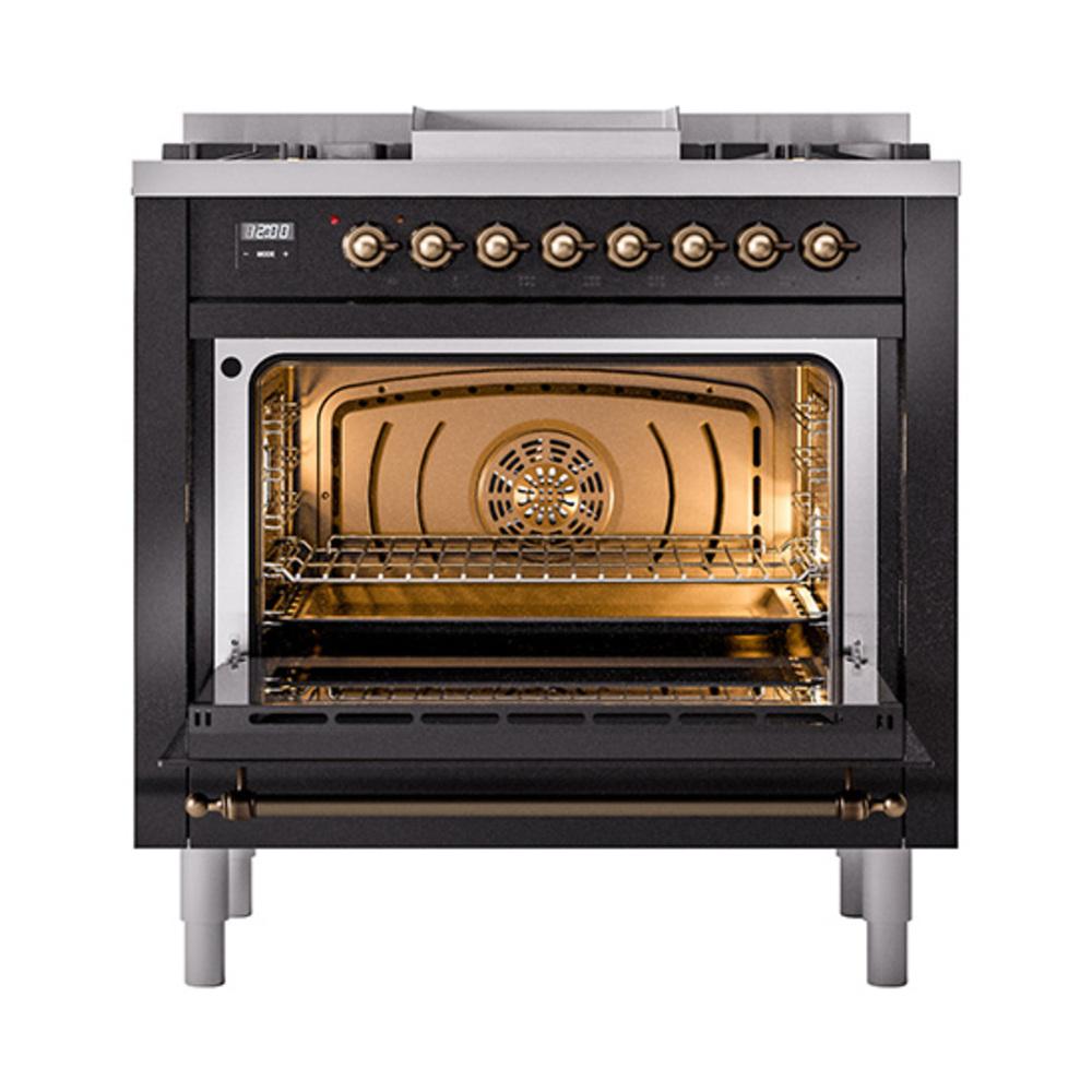 Ilve UN36FQNMPBKB Ilve Un36Fqnmpbkb Nostalgie Ii Noblesse 36" Dual Fuel Range (Natural Gas, Solid Door, Glossy Black, Burnished)