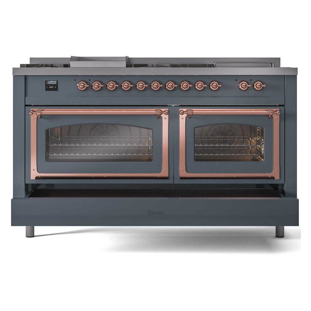 Ilve UN60FSNMPBGPLP Ilve Un60Fsnmpbgplp Nostalgie Ii Noblesse 60" Dual Fuel Range (7 Sealed Burners + Griddle + French Top, Liquid Propane, Triple Glass Door, Blue Grey, Copper)