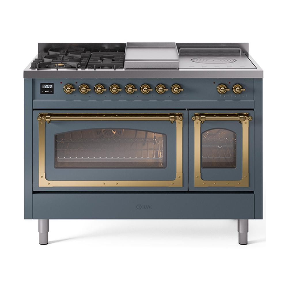 Ilve UN48FSNMPBGGLP Ilve Un48Fsnmpbgglp Nostalgie Ii Noblesse 48" Dual Fuel Range (5 Sealed Burners + Griddle + French Top, Liquid Propane, Triple Glass Door, Blue Grey, Brass)