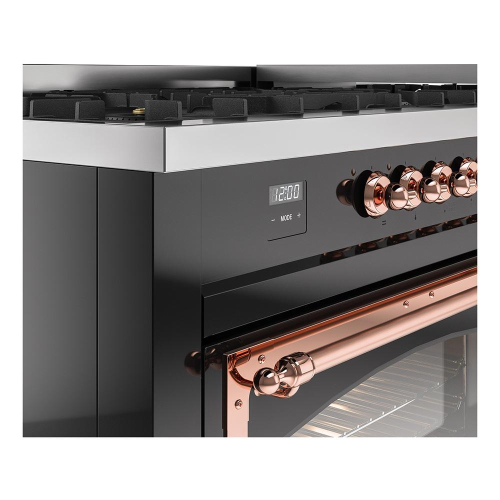 Ilve UN60FNMPBKPLP Ilve Un60Fnmpbkplp Nostalgie Ii Noblesse 60" Dual Fuel Range (9 Sealed Burners + Griddle, Liquid Propane, Triple Glass Door, Glossy Black, Copper)