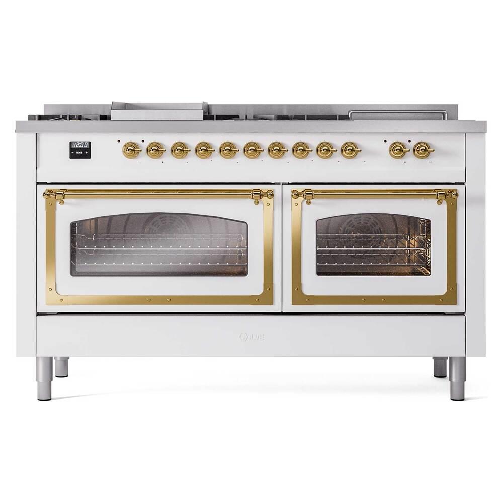 Ilve UN60FSNMPRAGLP Ilve Un60Fsnmpraglp Nostalgie Ii Noblesse 60" Dual Fuel Range (7 Sealed Burners + Griddle + French Top, Liquid Propane, Triple Glass Door, Ral, Brass)