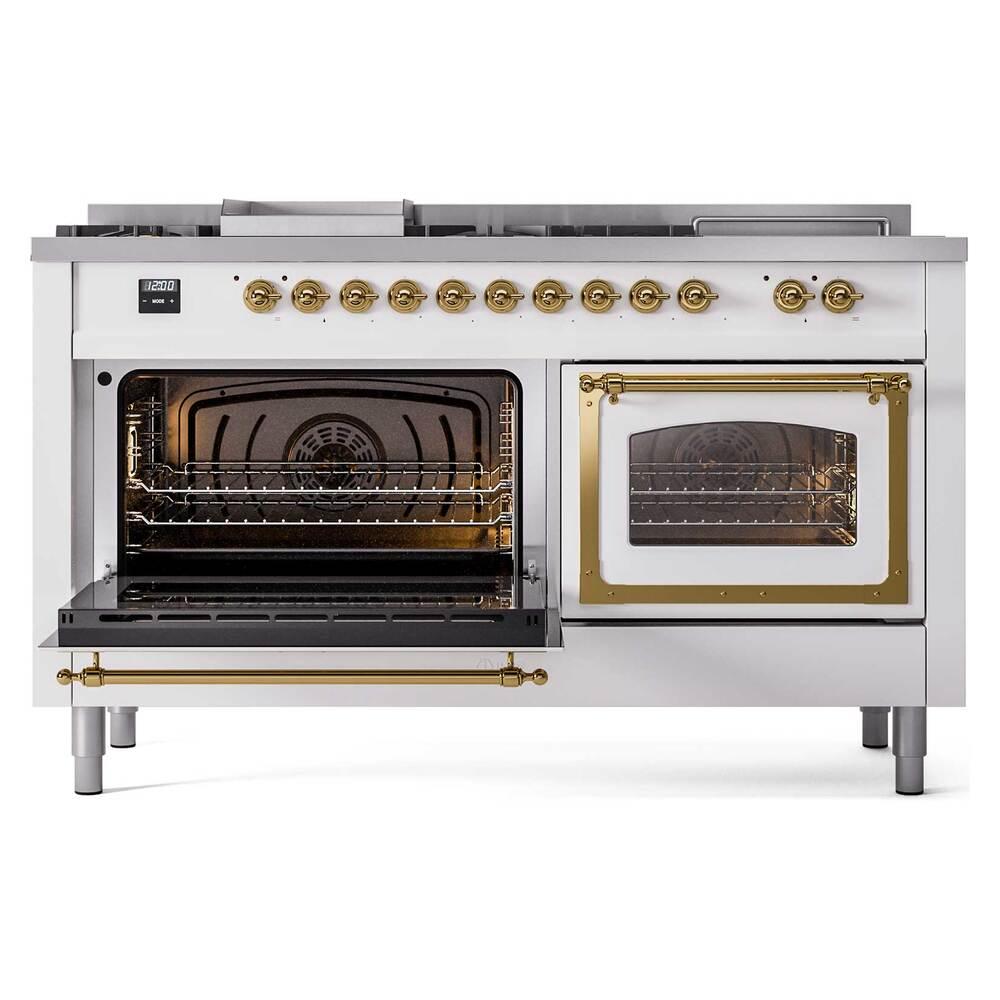 Ilve UN60FSNMPRAGLP Ilve Un60Fsnmpraglp Nostalgie Ii Noblesse 60" Dual Fuel Range (7 Sealed Burners + Griddle + French Top, Liquid Propane, Triple Glass Door, Ral, Brass)