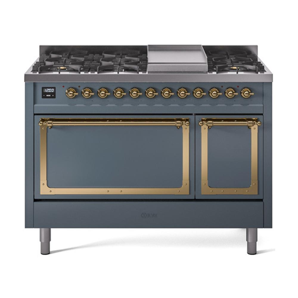 Ilve UN48FQNMPBGG Ilve Un48Fqnmpbgg Nostalgie Ii Noblesse 48" Dual Fuel Range (8 Sealed Burners + Griddle, Natural Gas, Solid Door, Blue Grey, Brass)