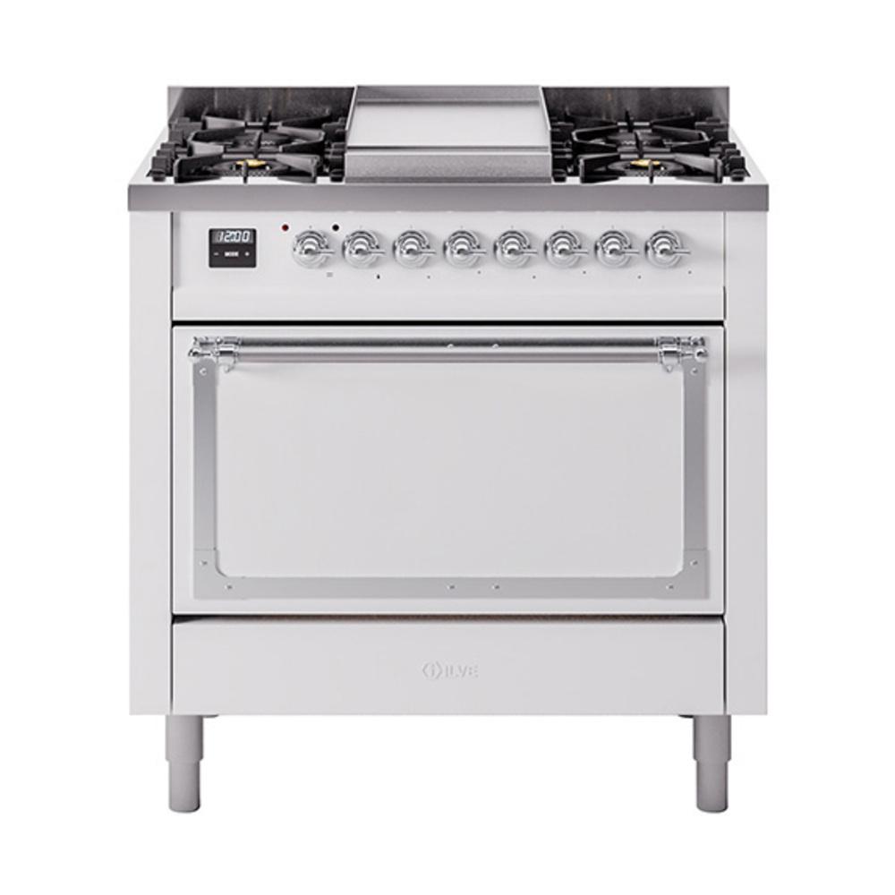 Ilve UN36FQNMPWHCLP Ilve Un36Fqnmpwhclp Nostalgie Ii Noblesse 36" Dual Fuel Range (Liquid Propane, Solid Door, White, Chrome)