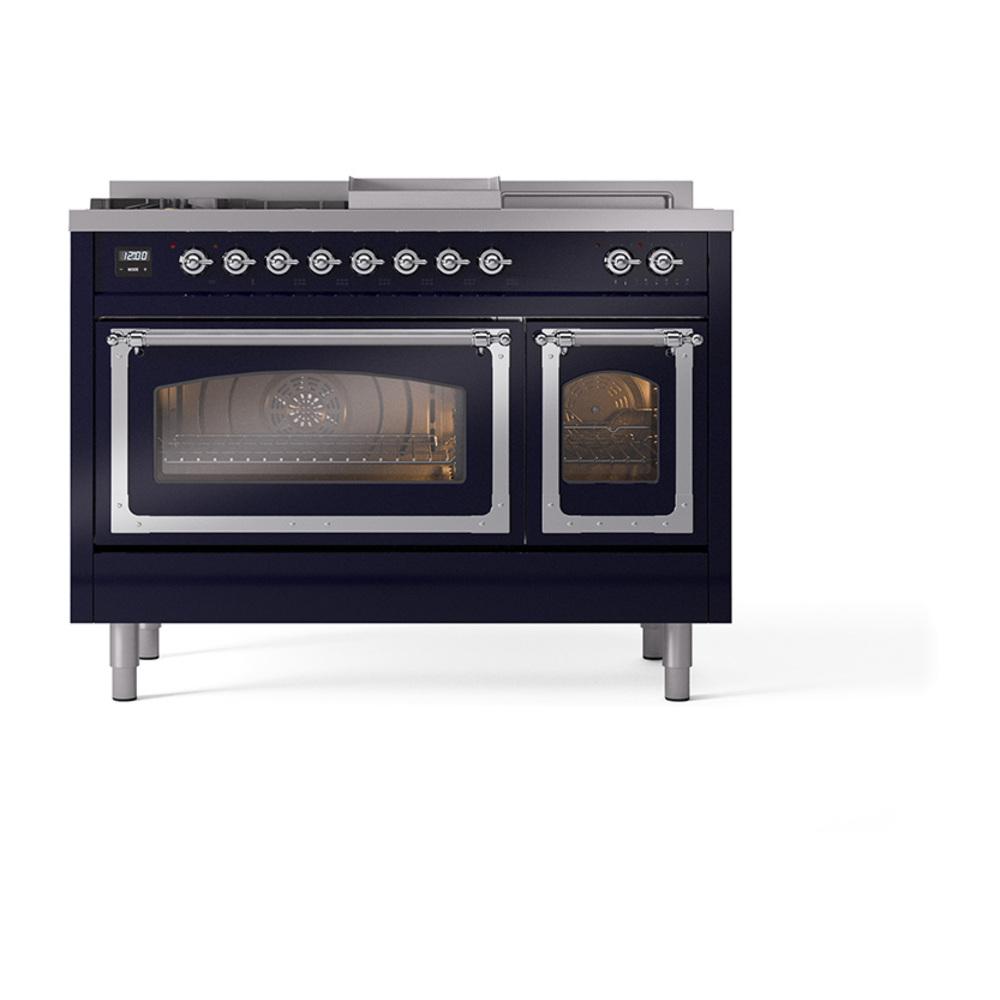 Ilve UN48FSNMPMBC Ilve Un48Fsnmpmbc Nostalgie Ii Noblesse 48" Dual Fuel Range (5 Sealed Burners + Griddle + French Top, Natural Gas, Triple Glass Door, Midnight Blue, Chrome)