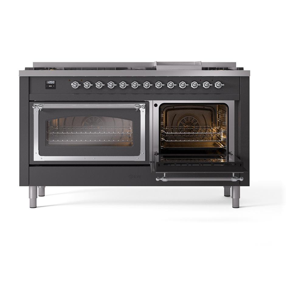 Ilve UN60FNMPMGCLP Ilve Un60Fnmpmgclp Nostalgie Ii Noblesse 60" Dual Fuel Range (9 Sealed Burners + Griddle, Liquid Propane, Triple Glass Door, Graphite Matte, Chrome)