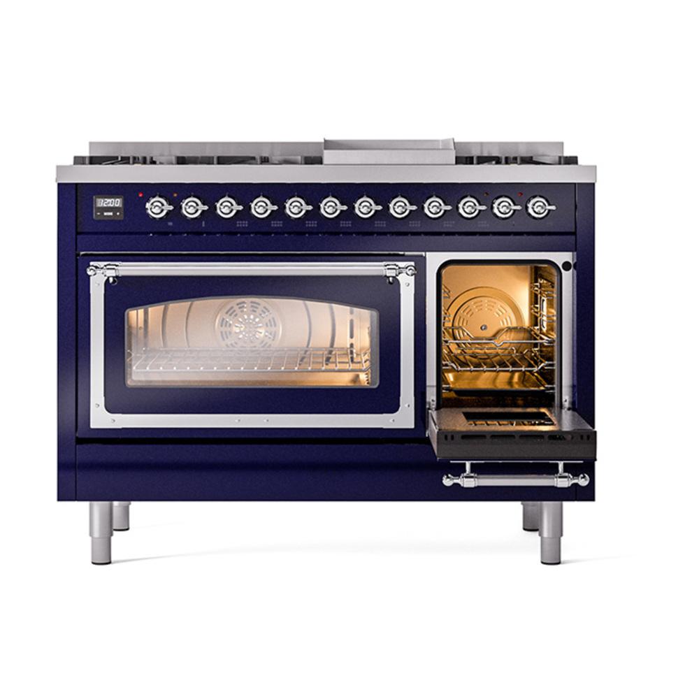 Ilve UN48FNMPMBC Ilve Un48Fnmpmbc Nostalgie Ii Noblesse 48" Dual Fuel Range (8 Sealed Burners + Griddle, Natural Gas, Triple Glass Door, Midnight Blue, Chrome)