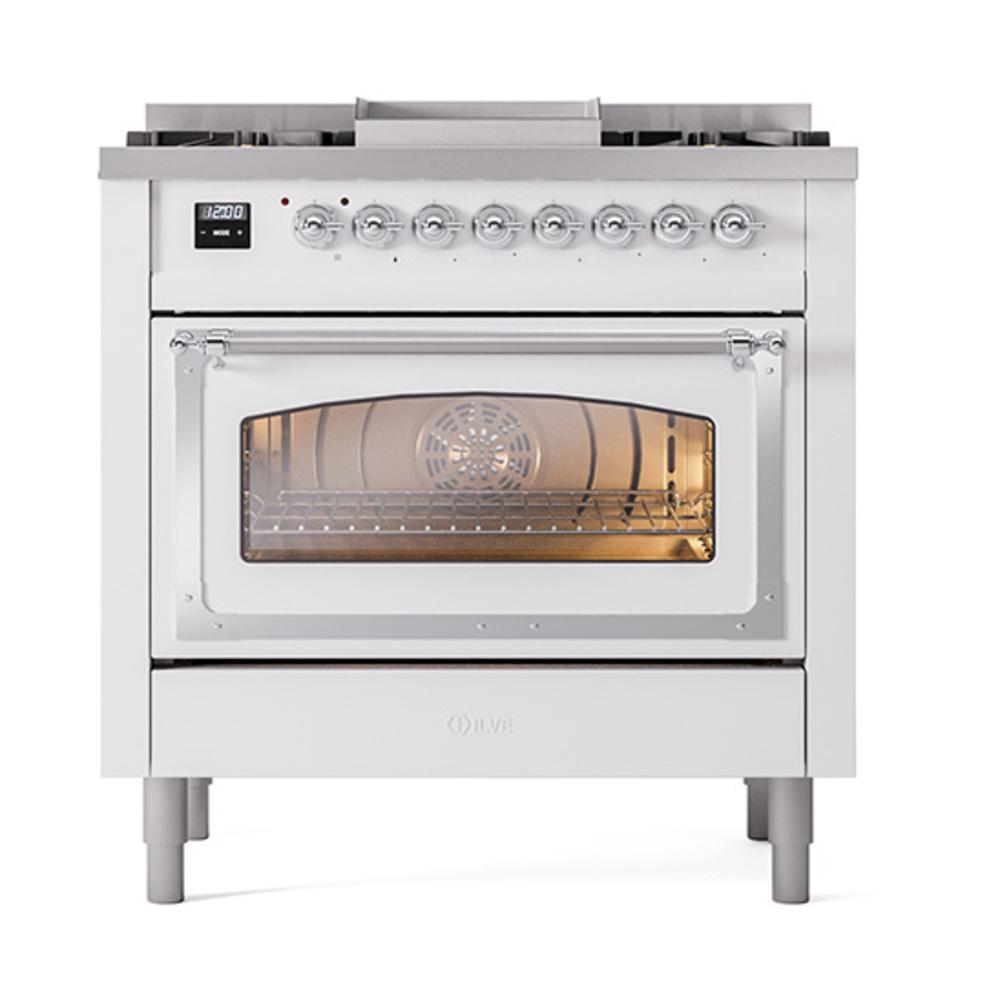 Ilve UN36FNMPWHCLP Ilve Un36Fnmpwhclp Nostalgie Ii Noblesse 36" Dual Fuel Range (Liquid Propane, Triple Glass Door, White, Chrome)