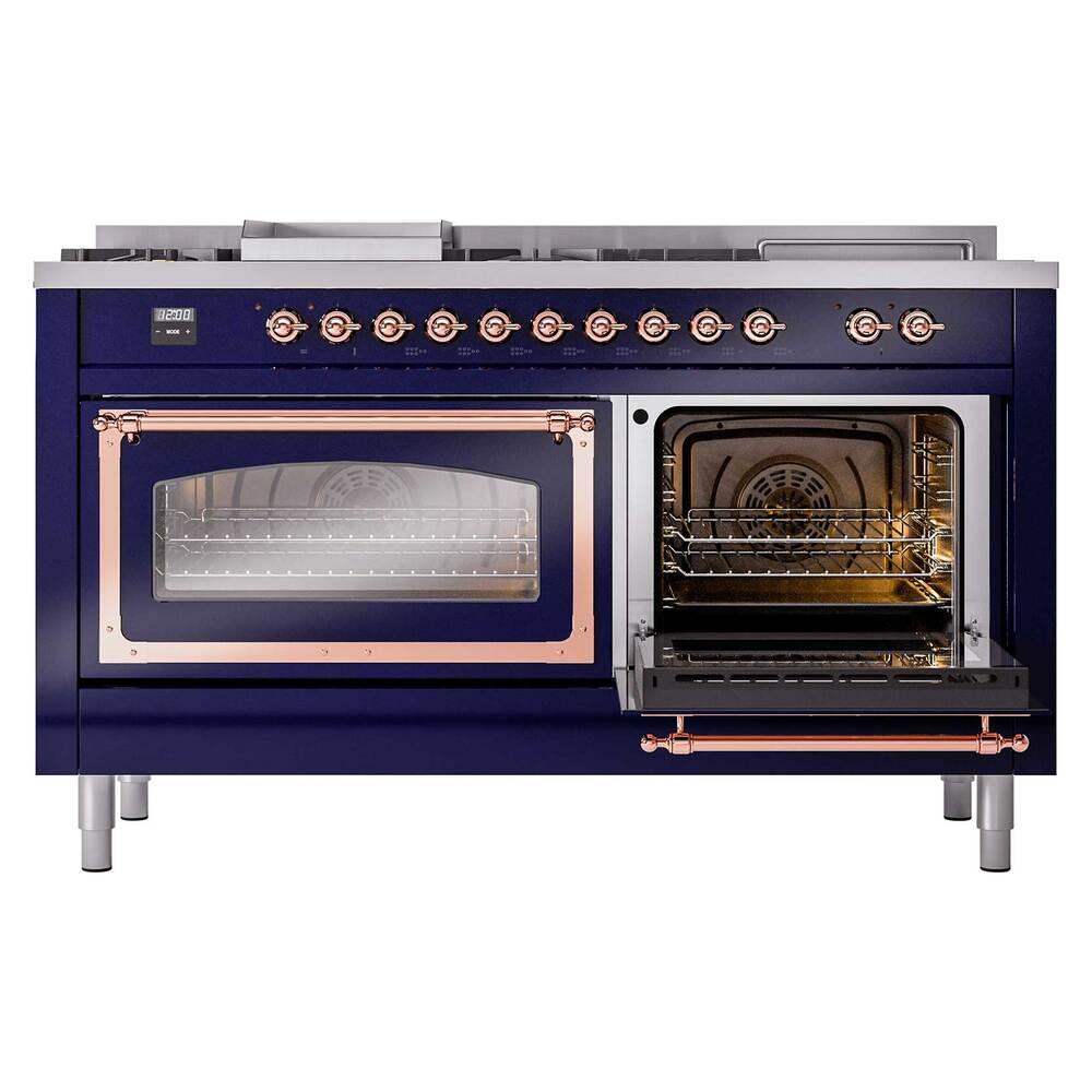 Ilve UN60FSNMPMBPLP Ilve Un60Fsnmpmbplp Nostalgie Ii Noblesse 60" Dual Fuel Range (7 Sealed Burners + Griddle + French Top, Liquid Propane, Triple Glass Door, Midnight Blue, Copper)