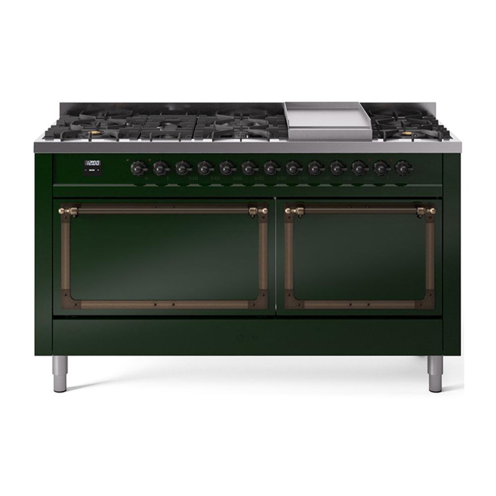 Ilve UN60FQNMPEGBLP Ilve Un60Fqnmpegblp Nostalgie Ii Noblesse 60" Dual Fuel Range (9 Sealed Burners + Griddle, Liquid Propane, Solid Door, Emerald Green, Burnished)