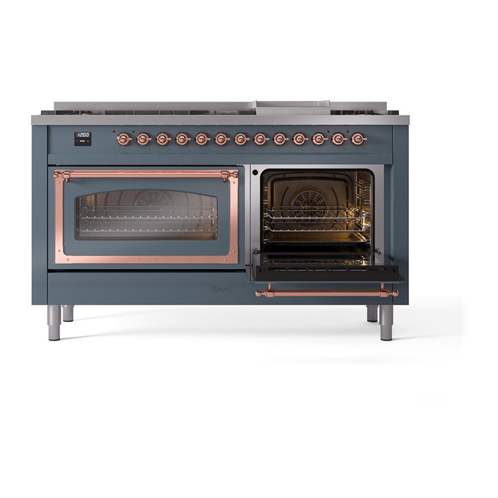 Ilve UN60FNMPBGP Ilve Un60Fnmpbgp Nostalgie Ii Noblesse 60" Dual Fuel Range (9 Sealed Burners + Griddle, Natural Gas, Triple Glass Door, Blue Grey, Copper)