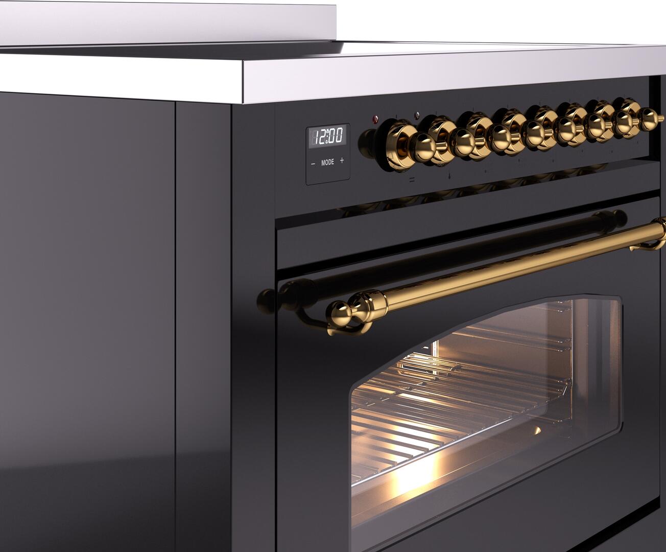 Ilve UPI366NMPBKG Nostalgie Ii 36 Inch Electric Freestanding Range In Glossy Black With Brass Trim