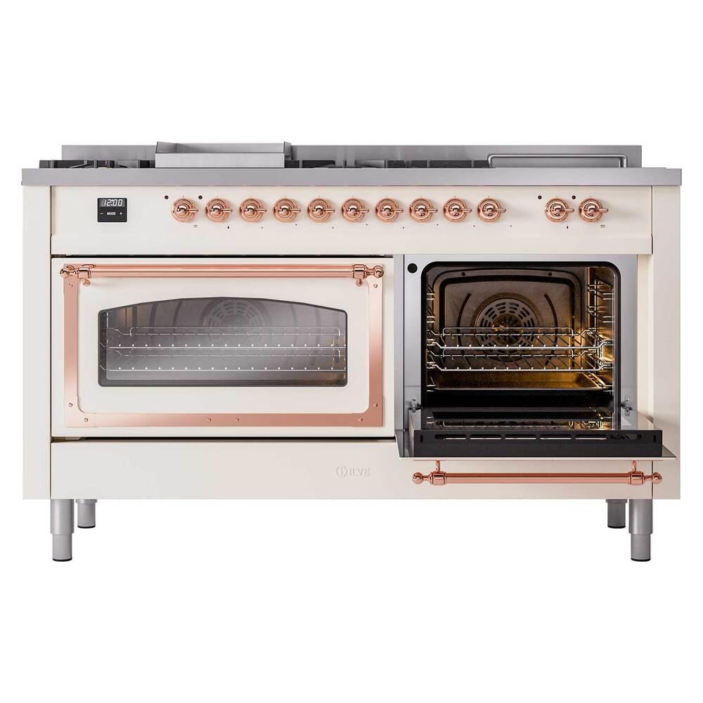 Ilve UN60FSNMPAWPLP Ilve Un60Fsnmpawplp Nostalgie Ii Noblesse 60" Dual Fuel Range (7 Sealed Burners + Griddle + French Top, Liquid Propane, Triple Glass Door, Antique White, Copper)