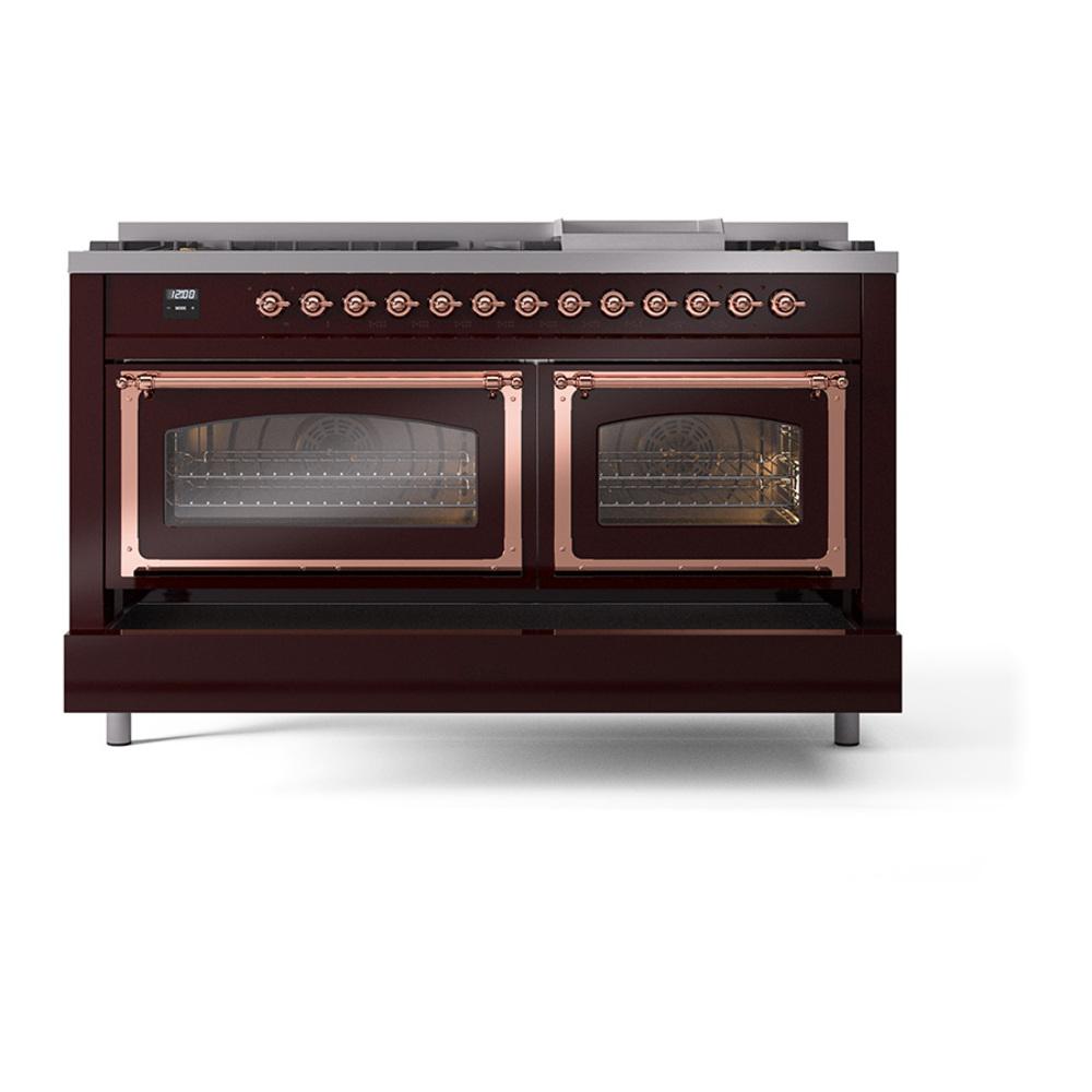 Ilve UN60FNMPBUPLP Ilve Un60Fnmpbuplp Nostalgie Ii Noblesse 60" Dual Fuel Range (9 Sealed Burners + Griddle, Liquid Propane, Triple Glass Door, Burgundy, Copper)