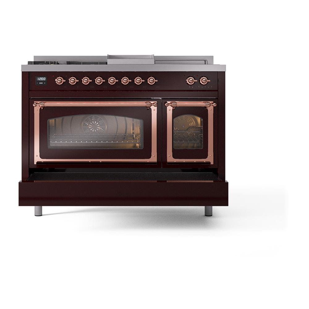 Ilve UN48FSNMPBUPLP Ilve Un48Fsnmpbuplp Nostalgie Ii Noblesse 48" Dual Fuel Range (5 Sealed Burners + Griddle + French Top, Liquid Propane, Triple Glass Door, Burgundy, Copper)