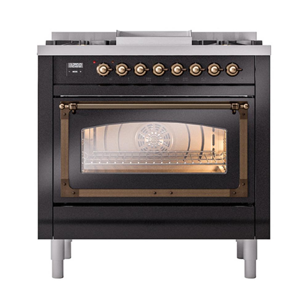Ilve UN36FNMPBKBLP Ilve Un36Fnmpbkblp Nostalgie Ii Noblesse 36" Dual Fuel Range (Liquid Propane, Triple Glass Door, Glossy Black, Burnished)