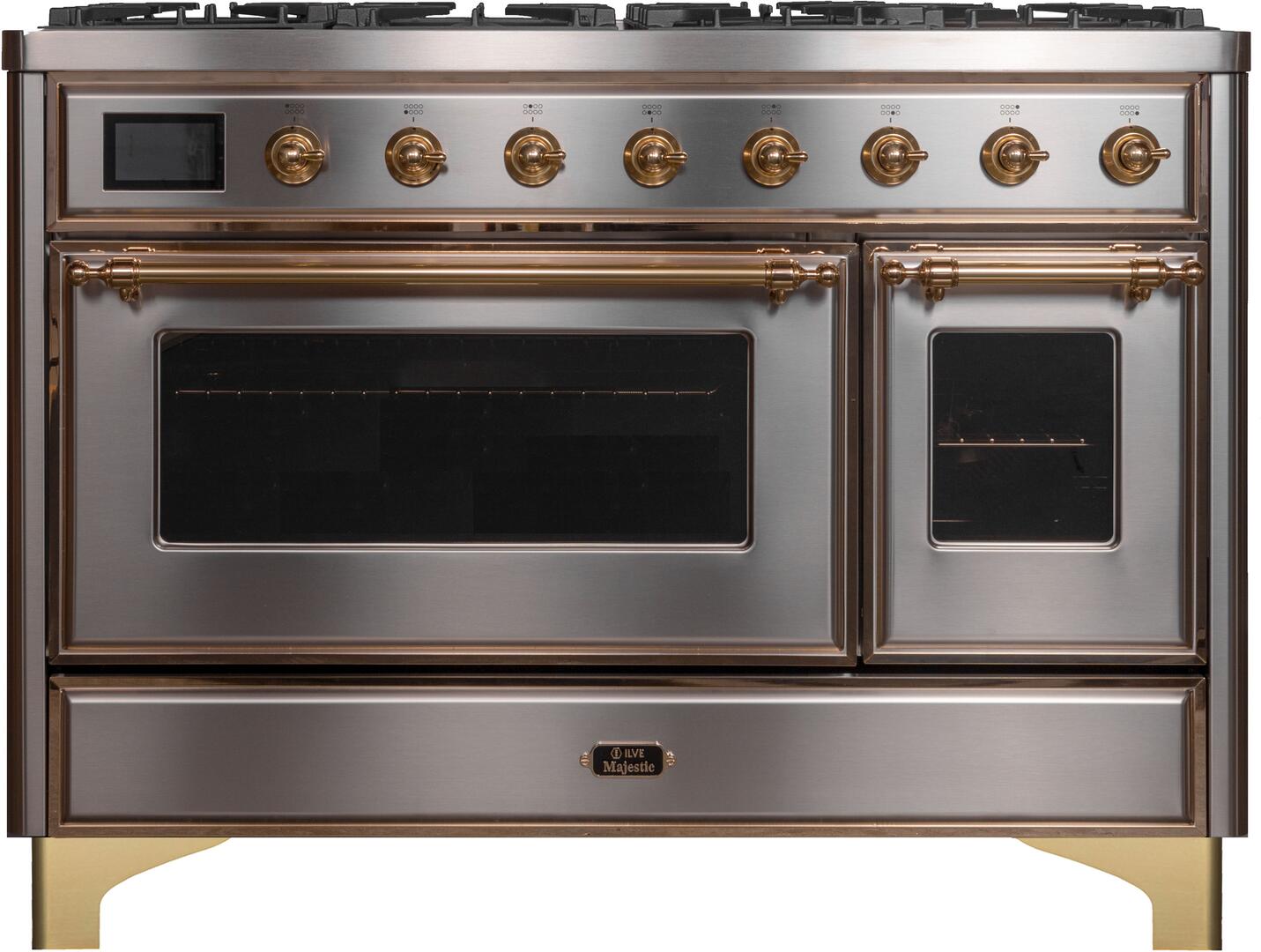 Ilve UM12FDNS3SSG Majestic Ii 48 Inch Dual Fuel Natural Gas Freestanding Range In Stainless Steel With Brass Trim