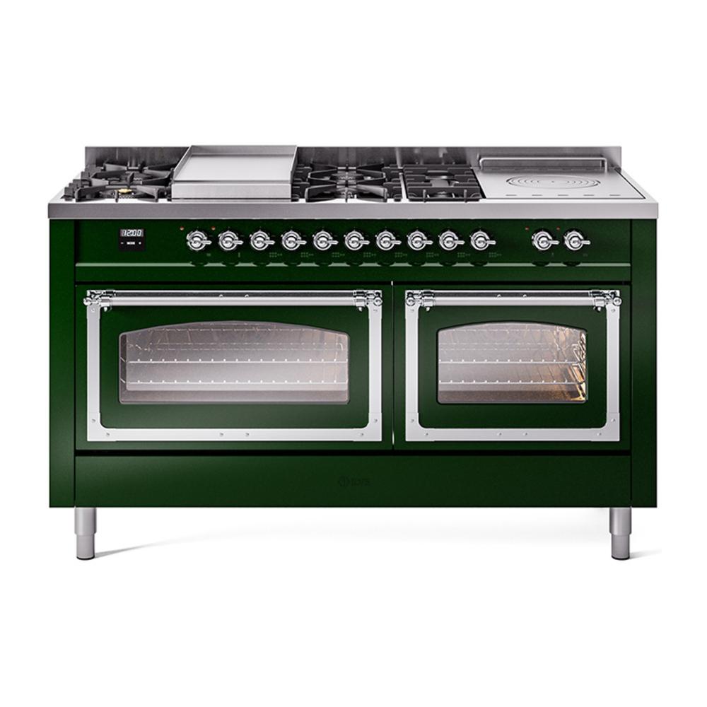 Ilve UN60FSNMPEGC Ilve Un60Fsnmpegc Nostalgie Ii Noblesse 60" Dual Fuel Range (7 Sealed Burners + Griddle + French Top, Natural Gas, Triple Glass Door, Emerald Green, Chrome)