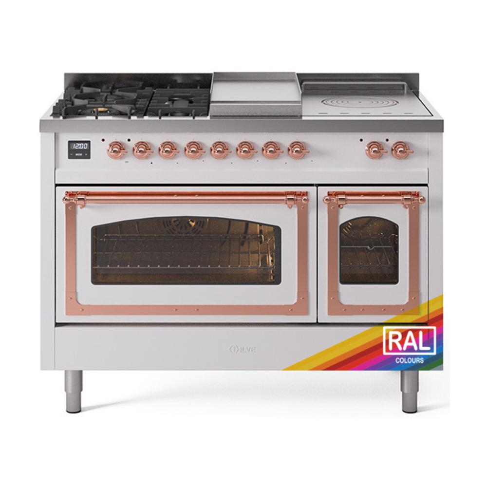 Ilve UN48FSNMPRAP Ilve Un48Fsnmprap Nostalgie Ii Noblesse 48" Dual Fuel Range (5 Sealed Burners + Griddle + French Top, Natural Gas, Triple Glass Door, Ral, Copper)