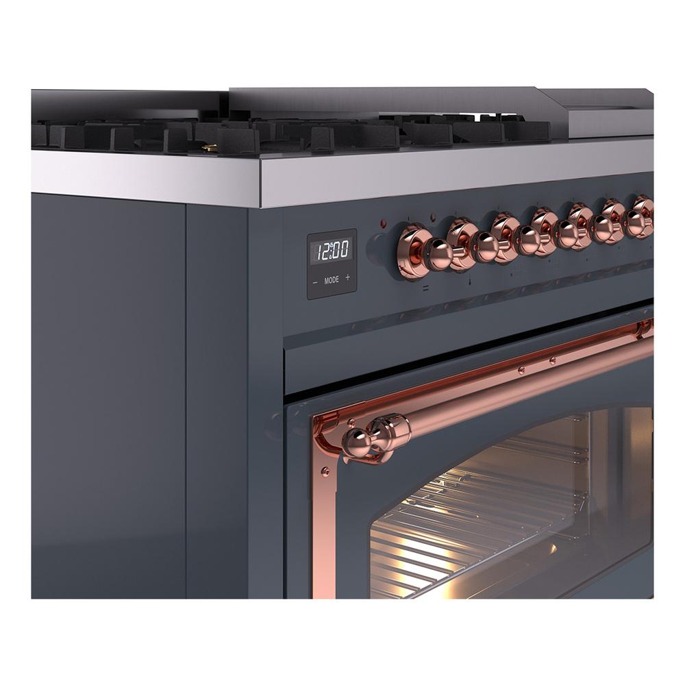 Ilve UN48FNMPBGP Ilve Un48Fnmpbgp Nostalgie Ii Noblesse 48" Dual Fuel Range (8 Sealed Burners + Griddle, Natural Gas, Triple Glass Door, Blue Grey, Copper)