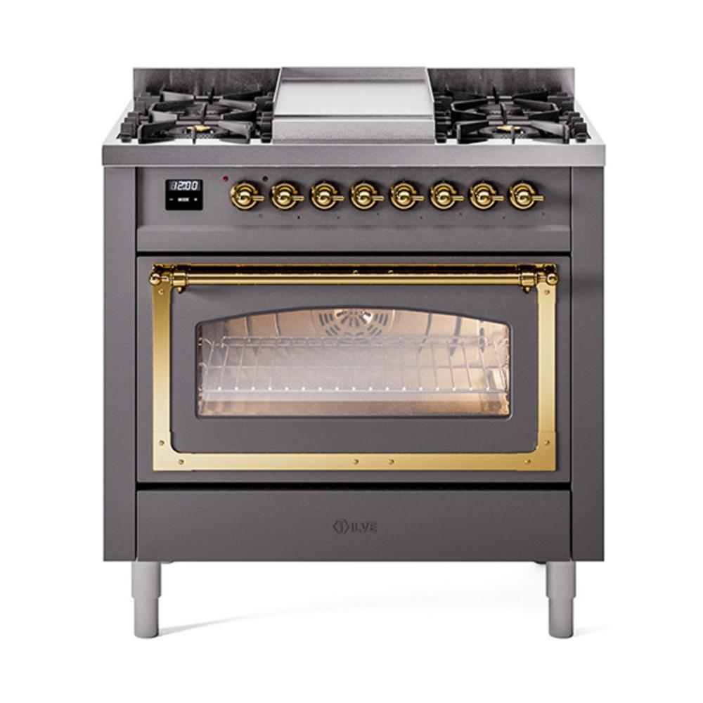 Ilve UN36FNMPMGG Ilve Un36Fnmpmgg Nostalgie Ii Noblesse 36" Dual Fuel Range (Natural Gas, Triple Glass Door, Graphite Matte, Brass)