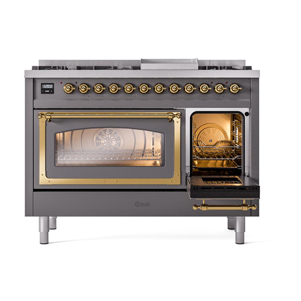 Ilve UN48FNMPMGGLP Ilve Un48Fnmpmgglp Nostalgie Ii Noblesse 48" Dual Fuel Range (8 Sealed Burners + Griddle, Liquid Propane, Triple Glass Door, Graphite Matte, Brass)