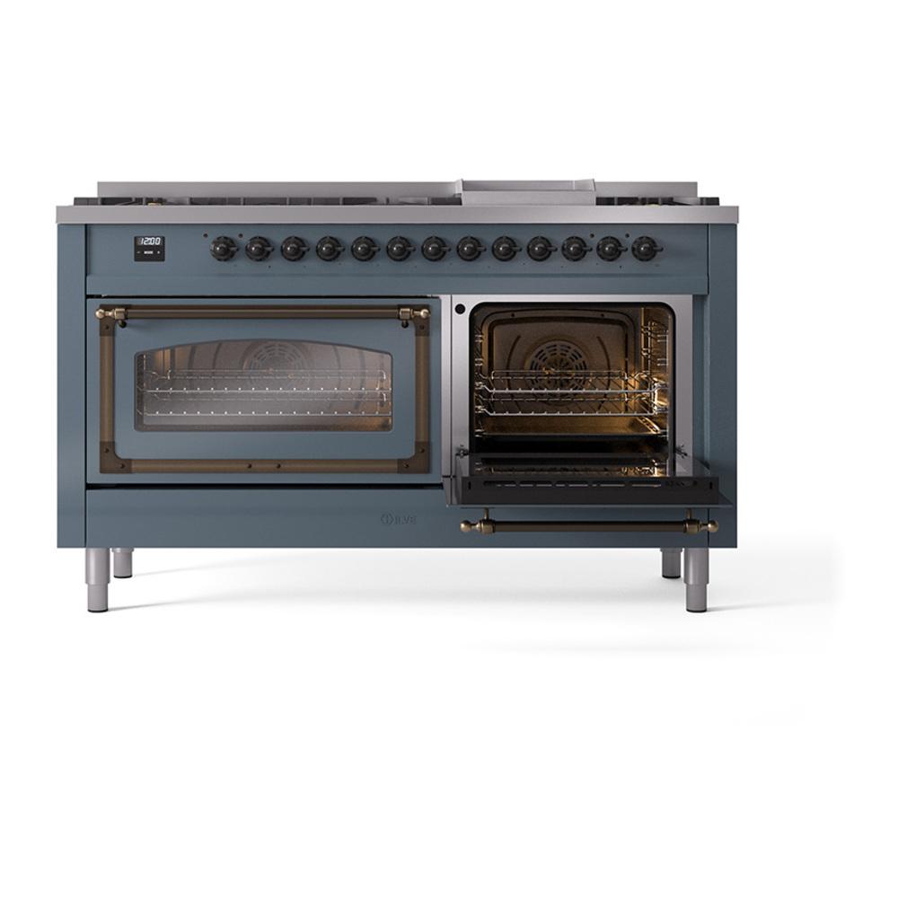 Ilve UN60FNMPBGB Ilve Un60Fnmpbgb Nostalgie Ii Noblesse 60" Dual Fuel Range (9 Sealed Burners + Griddle, Natural Gas, Triple Glass Door, Blue Grey, Burnished)