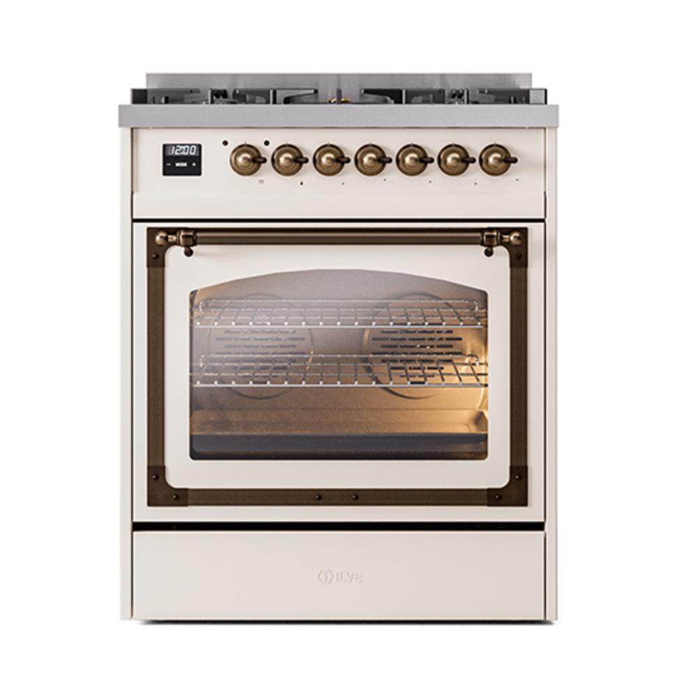 Ilve UN30NMPAWBLP Ilve Un30Nmpawblp Nostalgie Ii Noblesse 30" Dual Fuel Range (Liquid Propane, Triple Glass Door, Antique White, Burnished)