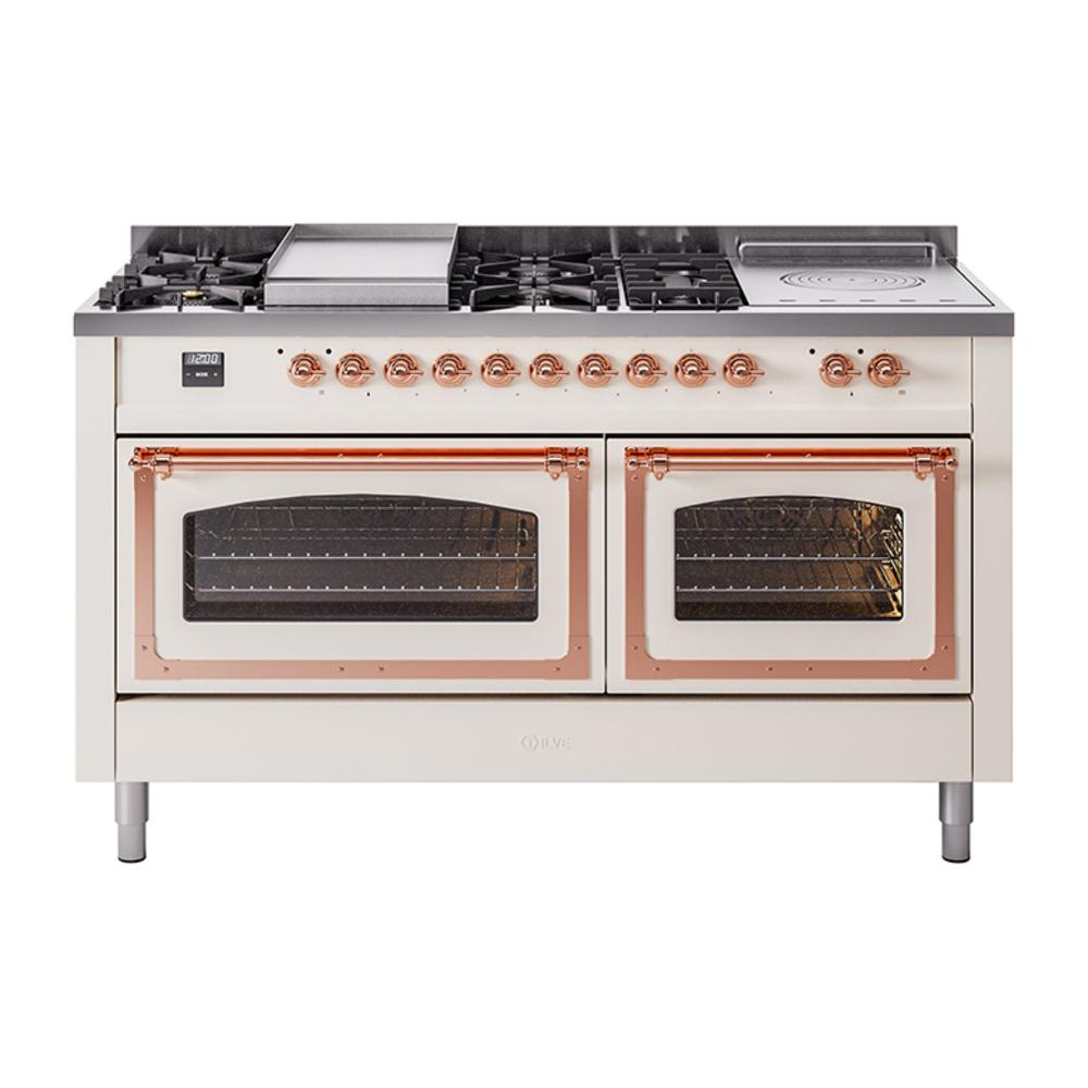 Ilve UN60FSNMPAWP Ilve Un60Fsnmpawp Nostalgie Ii Noblesse 60" Dual Fuel Range (7 Sealed Burners + Griddle + French Top, Natural Gas, Triple Glass Door, Antique White, Copper)