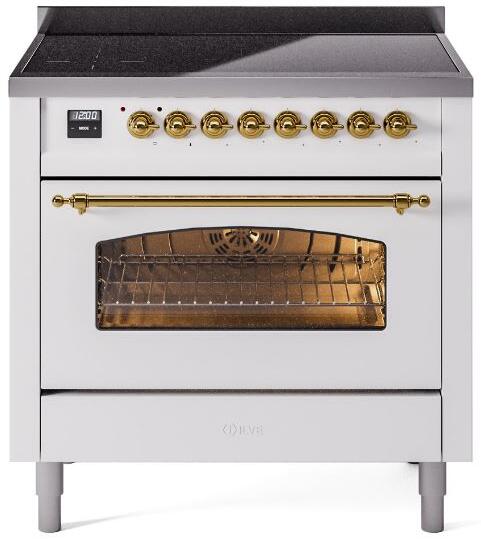 Ilve UPI366NMPWHG Nostalgie Ii 36 Inch Electric Freestanding Range In White With Brass Trim
