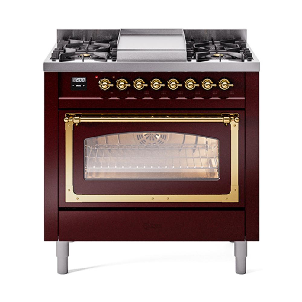 Ilve UN36FNMPBUGLP Ilve Un36Fnmpbuglp Nostalgie Ii Noblesse 36" Dual Fuel Range (Liquid Propane, Triple Glass Door, Burgundy, Brass)