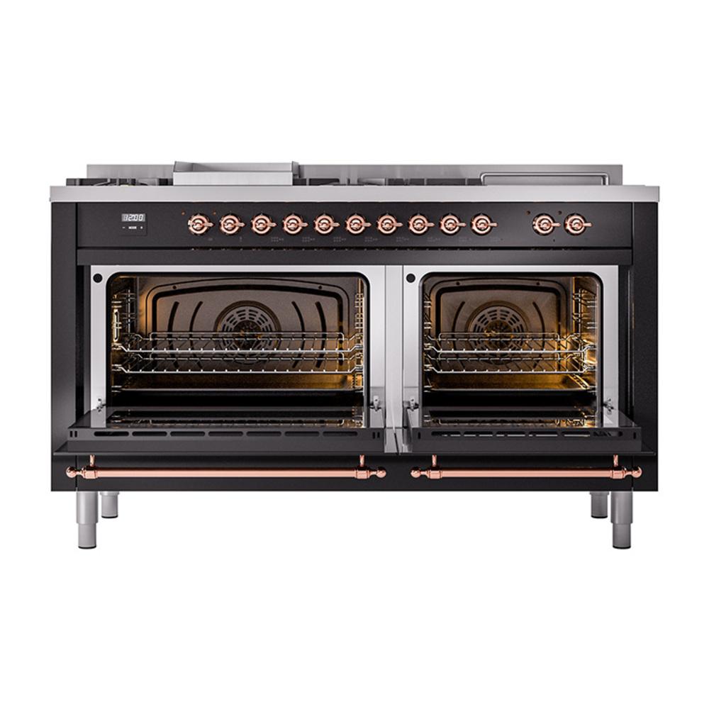 Ilve UN60FSQNMPBKPLP Ilve Un60Fsqnmpbkplp Nostalgie Ii Noblesse 60" Dual Fuel Range (7 Sealed Burners + Griddle + French Top, Liquid Propane, Solid Door, Glossy Black, Copper)