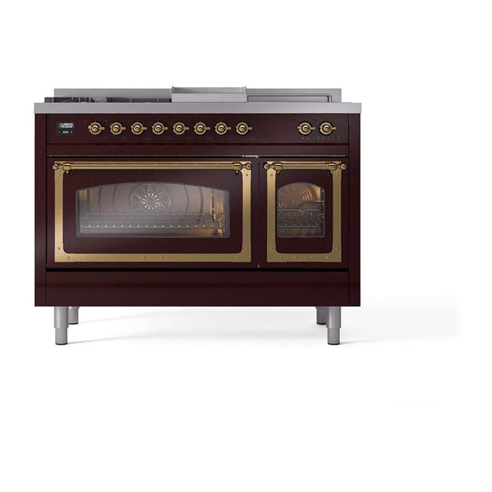 Ilve UN48FSNMPBUG Ilve Un48Fsnmpbug Nostalgie Ii Noblesse 48" Dual Fuel Range (5 Sealed Burners + Griddle + French Top, Natural Gas, Triple Glass Door, Burgundy, Brass)