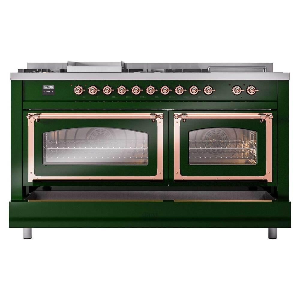 Ilve UN60FSNMPEGPLP Ilve Un60Fsnmpegplp Nostalgie Ii Noblesse 60" Dual Fuel Range (7 Sealed Burners + Griddle + French Top, Liquid Propane, Triple Glass Door, Emerald Green, Copper)
