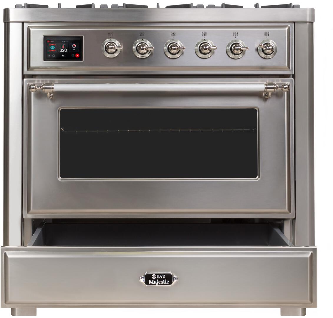 Ilve UM09FDNS3SSC Majestic Ii 36 Inch Dual Fuel Natural Gas Freestanding Range In Stainless Steel With Chrome Trim