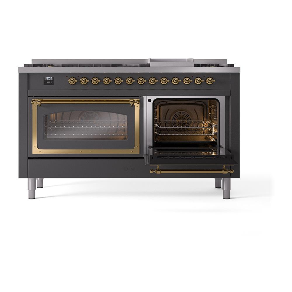Ilve UN60FNMPMGG Ilve Un60Fnmpmgg Nostalgie Ii Noblesse 60" Dual Fuel Range (9 Sealed Burners + Griddle, Natural Gas, Triple Glass Door, Graphite Matte, Brass)