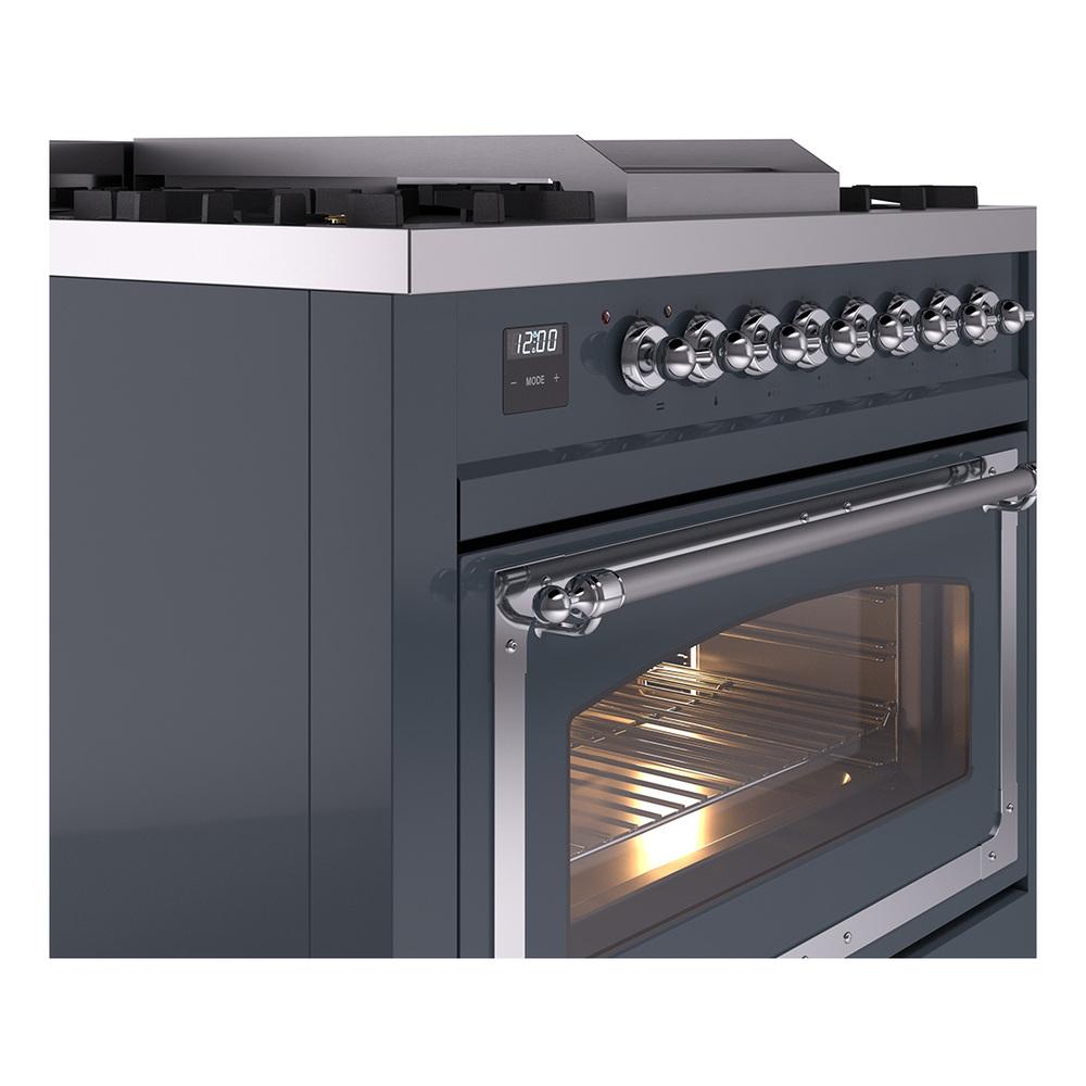 Ilve UN36FNMPBGC Ilve Un36Fnmpbgc Nostalgie Ii Noblesse 36" Dual Fuel Range (Natural Gas, Triple Glass Door, Blue Grey, Chrome)