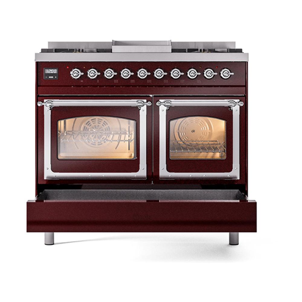 Ilve UND40FNMPBUC Ilve Und40Fnmpbuc Nostalgie Ii Noblesse 40" Dual Fuel Range (Natural Gas, Triple Glass Door, Burgundy, Chrome)