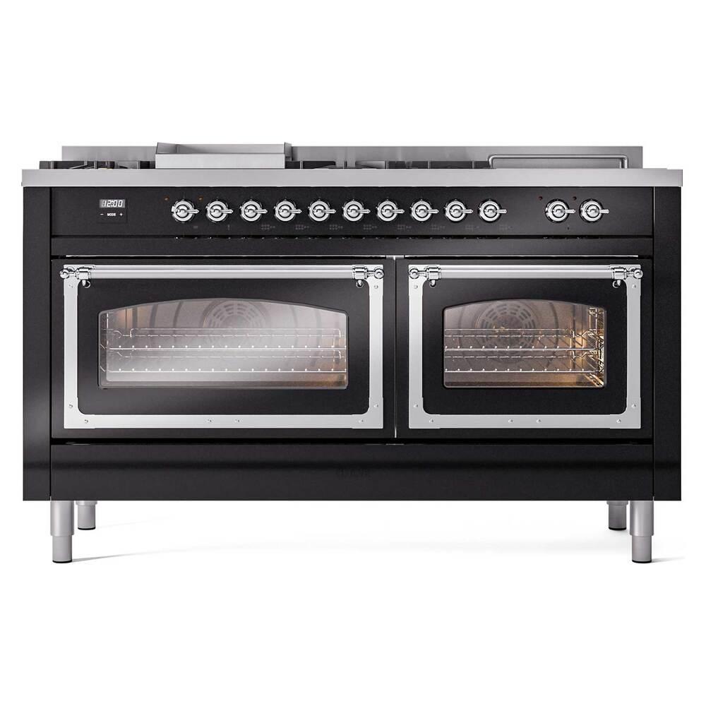 Ilve UN60FSNMPBKCLP Ilve Un60Fsnmpbkclp Nostalgie Ii Noblesse 60" Dual Fuel Range (7 Sealed Burners + Griddle + French Top, Liquid Propane, Triple Glass Door, Glossy Black, Chrome)