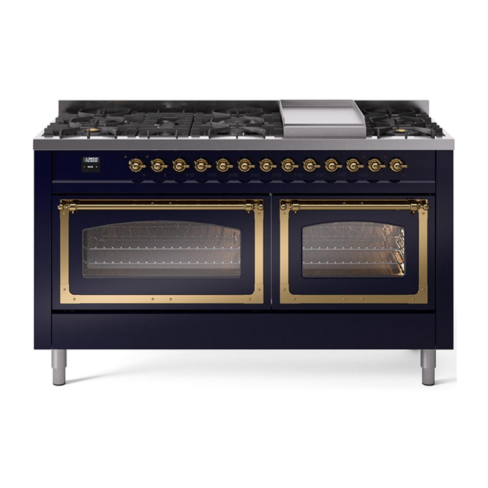 Ilve UN60FNMPMBG Ilve Un60Fnmpmbg Nostalgie Ii Noblesse 60" Dual Fuel Range (9 Sealed Burners + Griddle, Natural Gas, Triple Glass Door, Midnight Blue, Brass)