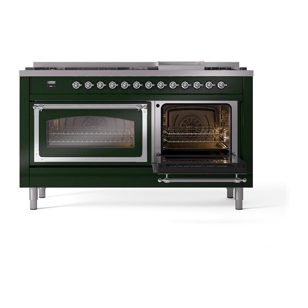 Ilve UN60FNMPEGCLP Ilve Un60Fnmpegclp Nostalgie Ii Noblesse 60" Dual Fuel Range (9 Sealed Burners + Griddle, Liquid Propane, Triple Glass Door, Emerald Green, Chrome)