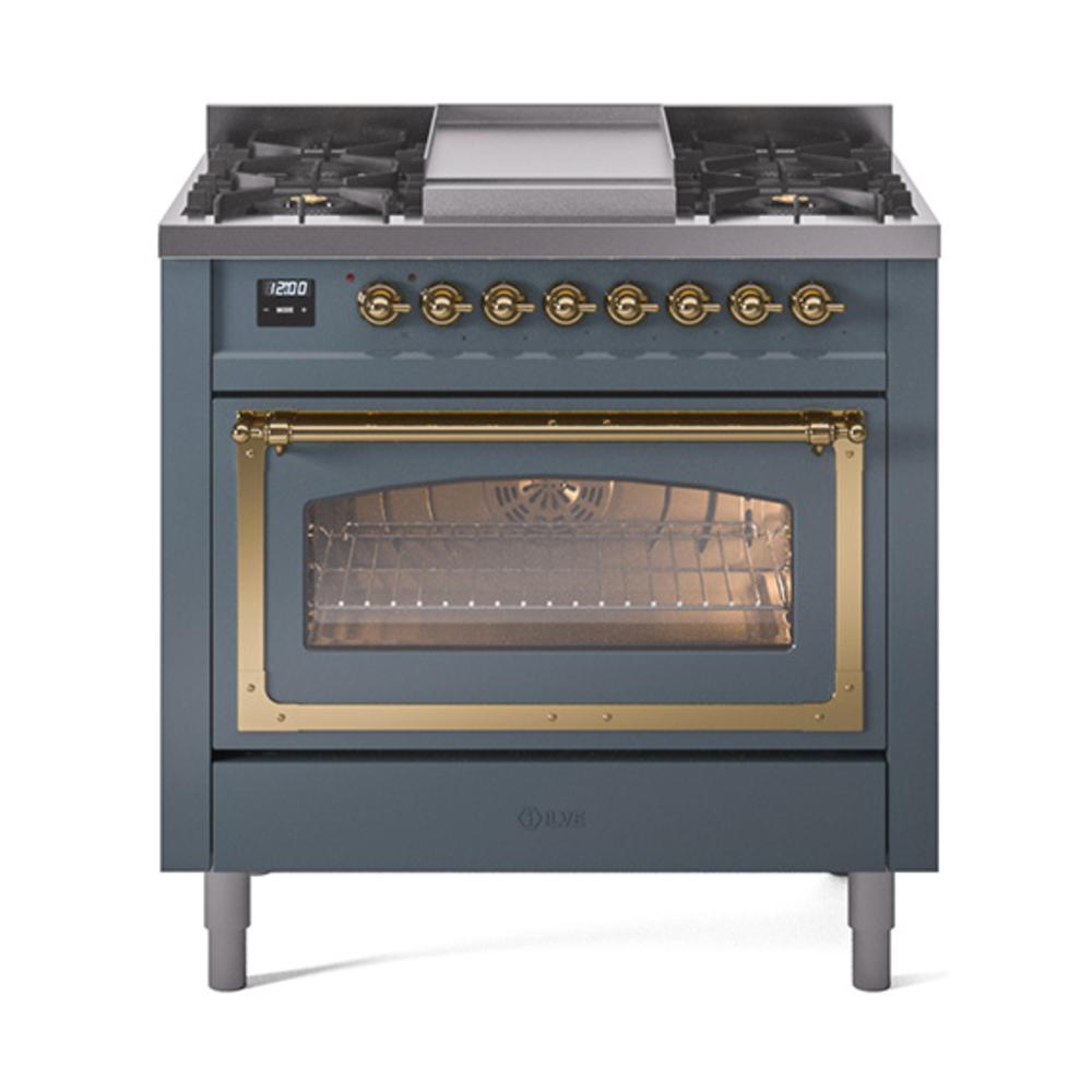 Ilve UN36FNMPBGGLP Ilve Un36Fnmpbgglp Nostalgie Ii Noblesse 36" Dual Fuel Range (Liquid Propane, Triple Glass Door, Blue Grey, Brass)
