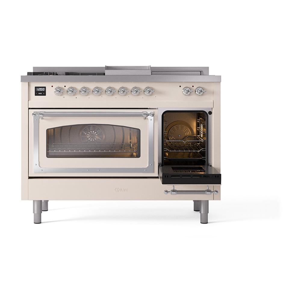 Ilve UN48FSNMPAWC Ilve Un48Fsnmpawc Nostalgie Ii Noblesse 48" Dual Fuel Range (5 Sealed Burners + Griddle + French Top, Natural Gas, Triple Glass Door, Antique White, Chrome)