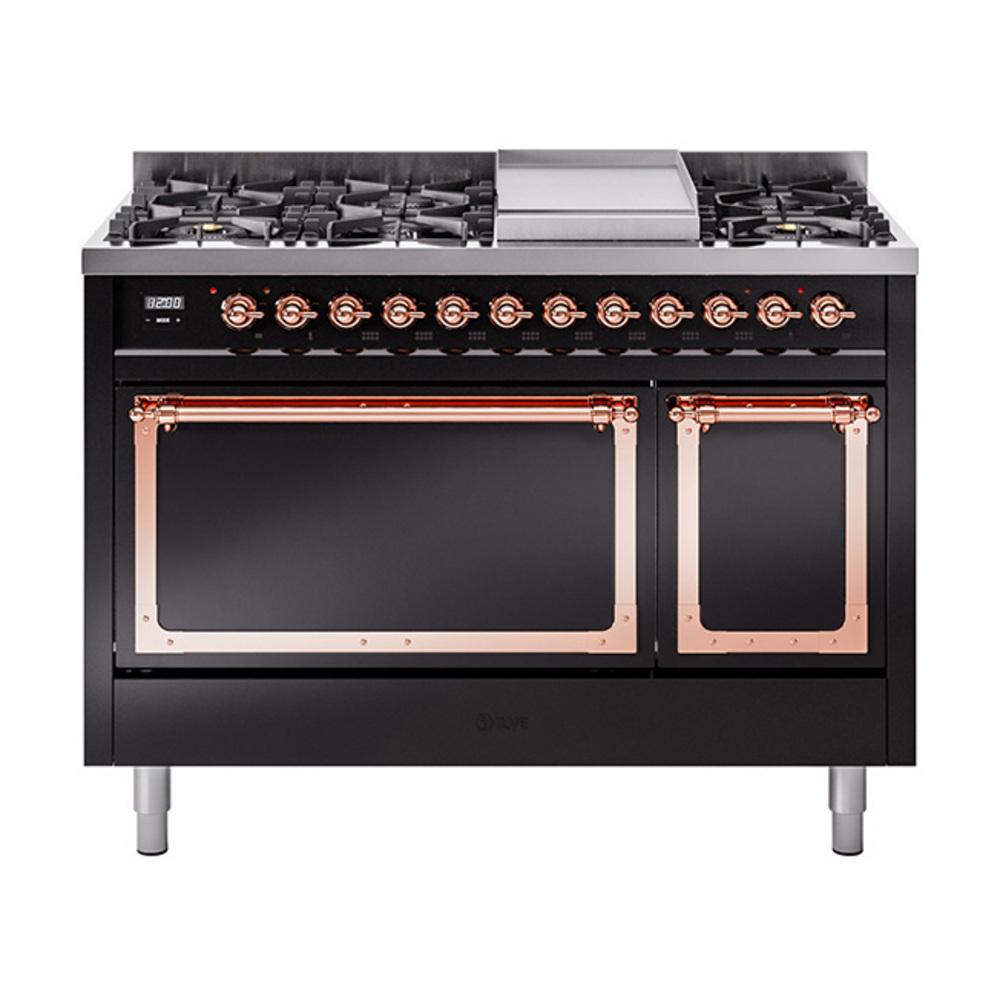 Ilve UN48FQNMPBKP Ilve Un48Fqnmpbkp Nostalgie Ii Noblesse 48" Dual Fuel Range (8 Sealed Burners + Griddle, Natural Gas, Solid Door, Glossy Black, Copper)