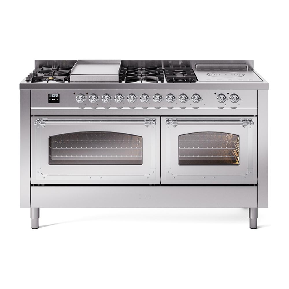 Ilve UN60FSNMPSSCLP Ilve Un60Fsnmpssclp Nostalgie Ii Noblesse 60" Dual Fuel Range (7 Sealed Burners + Griddle + French Top, Liquid Propane, Triple Glass Door, Stainless Steel, Chrome)