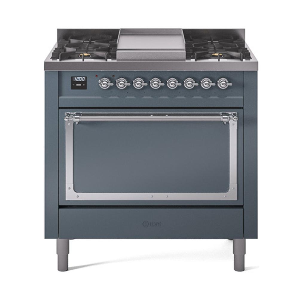 Ilve UN36FQNMPBGCLP Ilve Un36Fqnmpbgclp Nostalgie Ii Noblesse 36" Dual Fuel Range (Liquid Propane, Solid Door, Blue Grey, Chrome)
