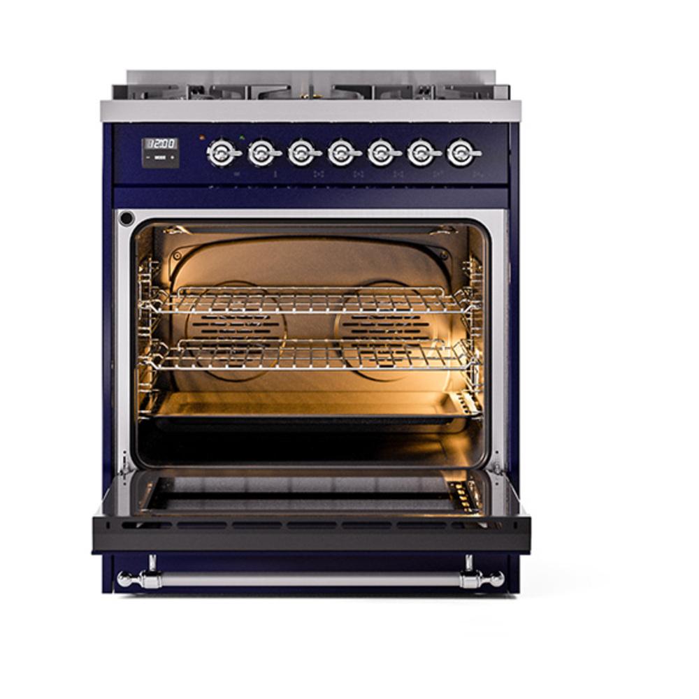 Ilve UN30QNMPMBC Ilve Un30Qnmpmbc Nostalgie Ii Noblesse 30" Dual Fuel Range (Natural Gas, Solid Door, Midnight Blue, Chrome)