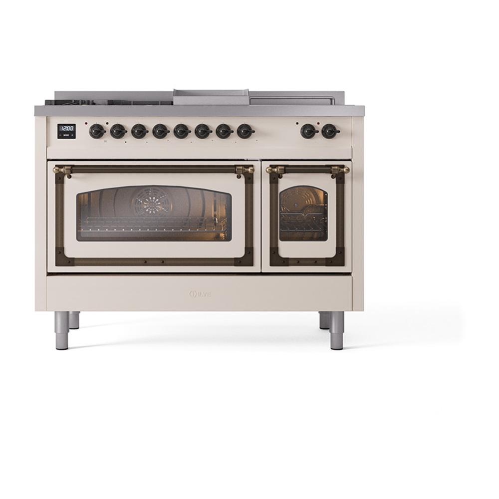 Ilve UN48FSNMPAWB Ilve Un48Fsnmpawb Nostalgie Ii Noblesse 48" Dual Fuel Range (5 Sealed Burners + Griddle + French Top, Natural Gas, Triple Glass Door, Antique White, Burnished)