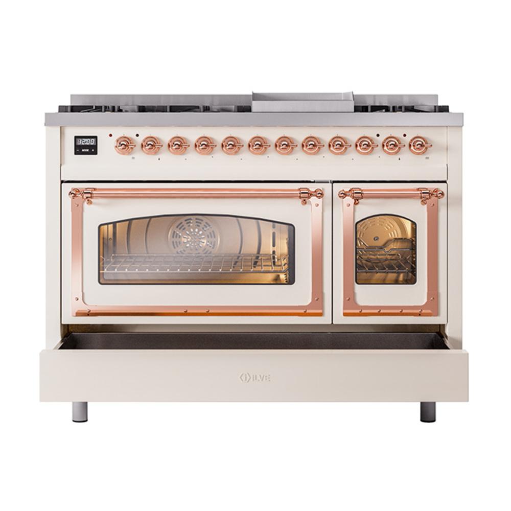 Ilve UN48FNMPAWP Ilve Un48Fnmpawp Nostalgie Ii Noblesse 48" Dual Fuel Range (8 Sealed Burners + Griddle, Natural Gas, Triple Glass Door, Antique White, Copper)